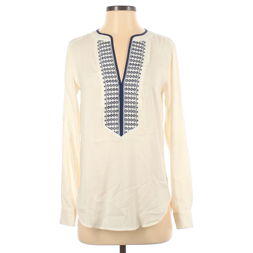 Ann Taylor Cream and Navy Embroidered Blouse